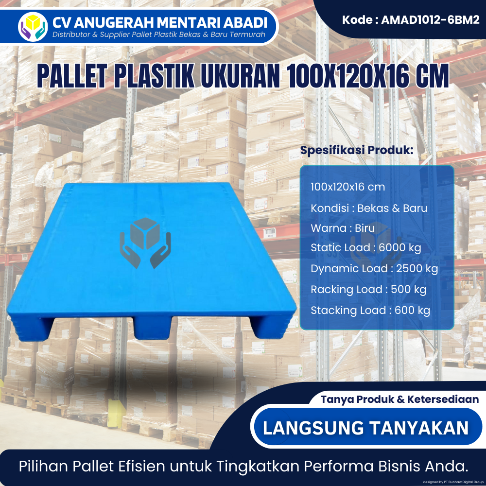 Pallet plastik 100x120x16 cm – CV Anugerah Mentari Abadi merupakan pallet plastik berkualitas yang dirancang untuk kebutuhan industri, pergudangan, dan logistik modern. Dengan ukuran standar 100 x 120 cm dan tinggi 16 cm, pallet ini cocok digunakan untuk penyimpanan barang berat maupun distribusi skala besar.