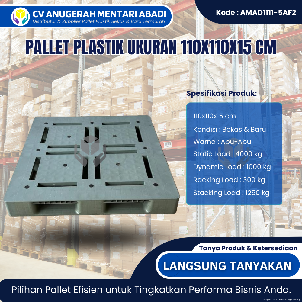 Pallet plastik 110x110x15 cm tipe wajik adalah pallet plastik berkualitas dengan desain permukaan bermotif wajik yang kuat, stabil, dan anti-selip. Ukuran 110 x 110 cm membuatnya ideal untuk kebutuhan industri, pergudangan, dan distribusi barang berskala besar. Terbuat dari material plastik pilihan yang tahan lama, pallet ini mampu menahan beban berat, tidak mudah retak, serta tahan terhadap air, kelembapan, dan bahan kimia ringan.
Desain tipe wajik membantu menjaga posisi barang tetap aman saat proses penyimpanan maupun pengangkutan. Pallet ini mudah dibersihkan, lebih higienis dibanding pallet kayu, serta cocok digunakan untuk sistem handling manual maupun forklift. Pilihan tepat bagi perusahaan yang mengutamakan efisiensi, ketahanan, dan standar logistik modern.